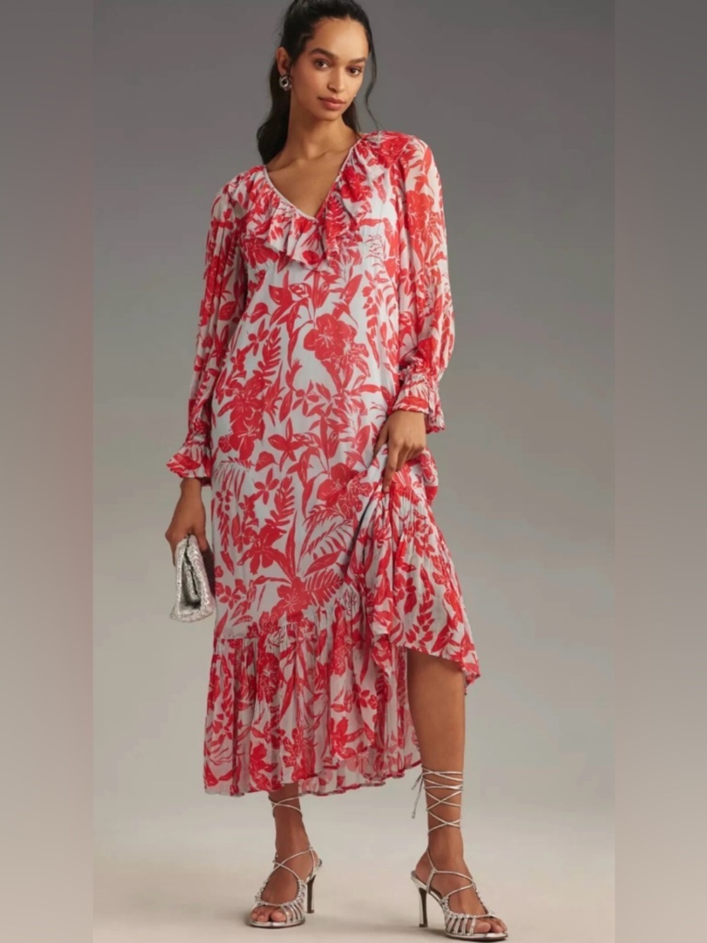 By Anthropologie Red and Light Blue Floral Maxi Dress